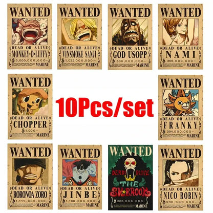 One piece luffy wanted vintage poster set of ten printed on aged parchment with black ink detailing vintage poster set
