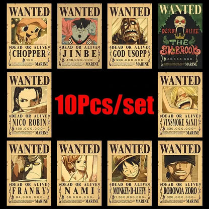 One piece luffy wanted vintage poster set of ten aged parchment vintage posters featuring chopper jinbe and luffy