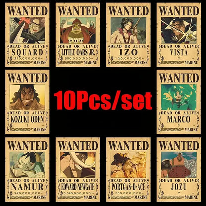 Set of ten one piece luffy vintage posters printed on aged parchment paper in a classic black ink vintage poster set