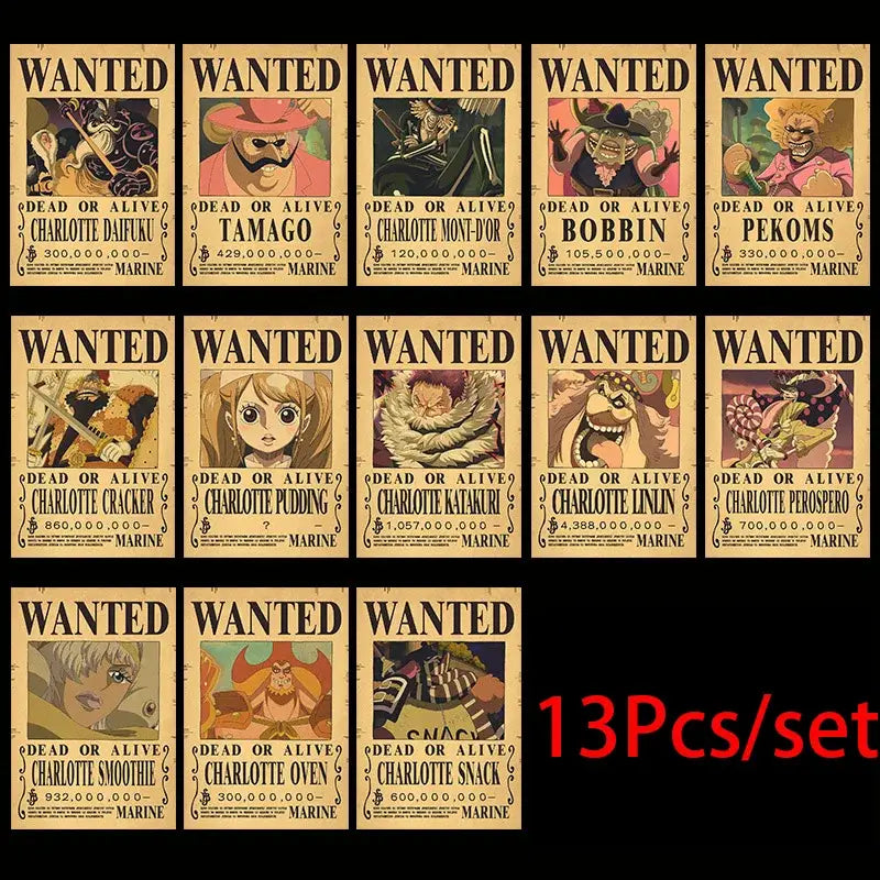 One piece luffy wanted vintage poster set featuring 13 aged parchment-style vintage posters with character bounties