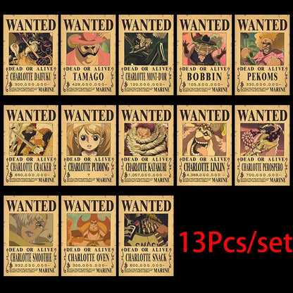 One piece luffy wanted vintage poster set featuring 13 aged parchment-style vintage posters with character bounties