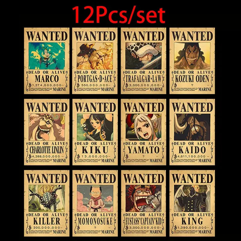 One piece luffy wanted vintage poster set with 12 aged parchment style vintage posters featuring anime characters