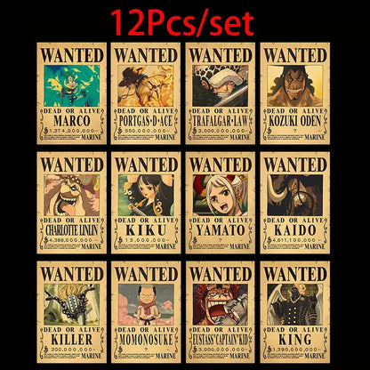 One piece luffy wanted vintage poster set with 12 aged parchment style vintage posters featuring anime characters