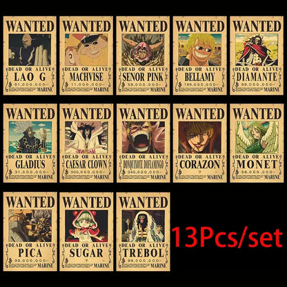 Set of 13 vintage one piece wanted posters on aged parchment featuring characters like lao g and machvise vintage poster set