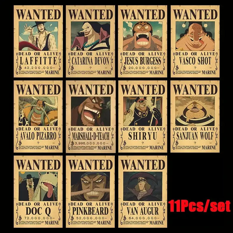 One piece luffy wanted vintage poster set featuring eleven aged parchment style posters with characters like zoro and sanji