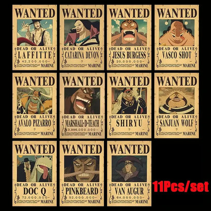 One piece luffy wanted vintage poster set featuring eleven aged parchment style posters with characters like zoro and sanji