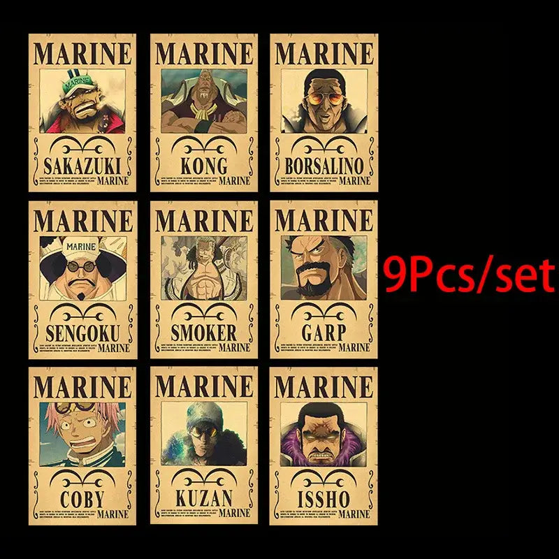 Set of nine one piece luffy wanted vintage poster set prints on aged parchment vintage poster set for marine decor