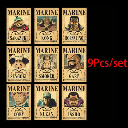 Set of nine one piece luffy wanted vintage poster set prints on aged parchment vintage poster set for marine decor