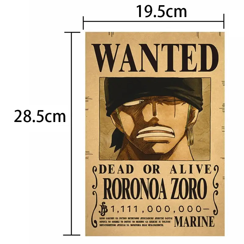 Vintage poster set featuring roronoa zoro wanted poster printed on textured beige paper with black ink detailing