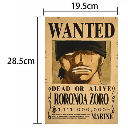 Vintage poster set featuring roronoa zoro wanted poster printed on textured beige paper with black ink detailing