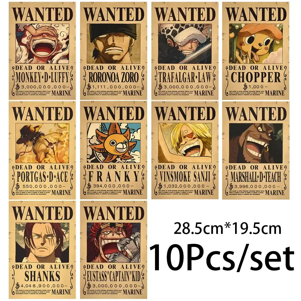 One piece luffy wanted vintage poster set 10pcs featuring colorful anime characters on aged parchment paper vintage poster set