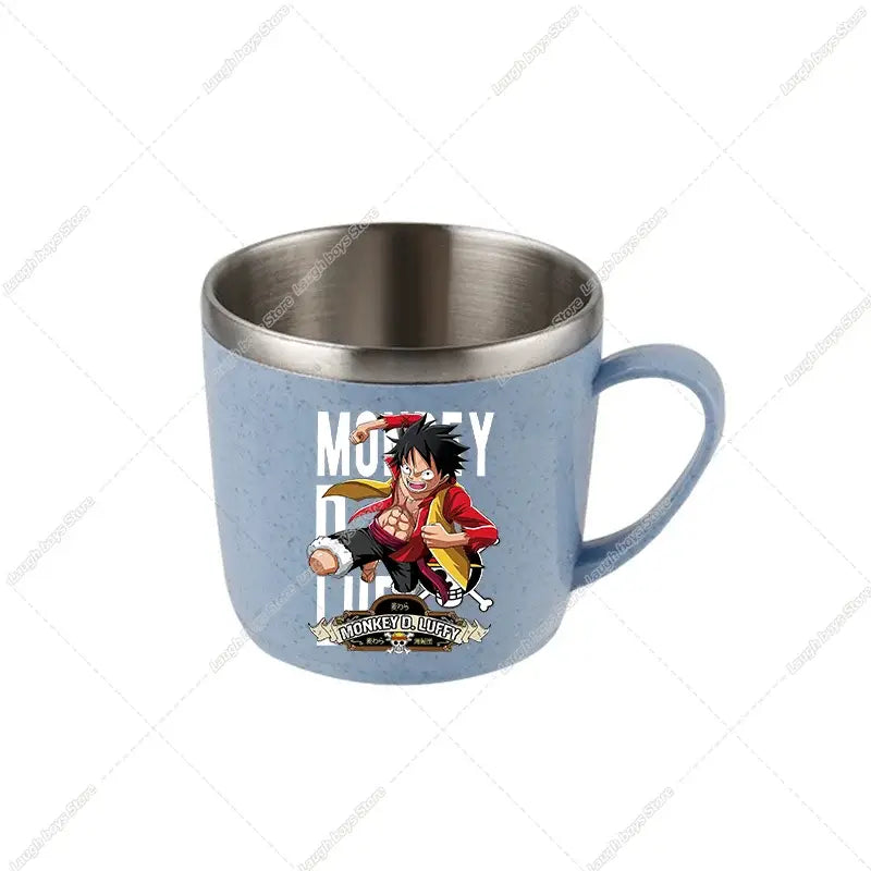 Light blue speckled one piece luffy water cup with double-layer stainless steel rim and handle featuring monkey d illustration