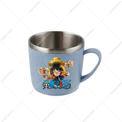 Light blue speckled ceramic mug with stainless steel rim featuring vibrant piece luffy illustration for daily use