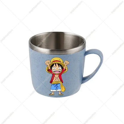 Light blue speckled ceramic mug with stainless steel rim and handle featuring colorful piece luffy cartoon illustration