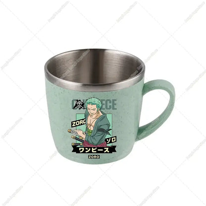 A mint green speckled one piece luffy water cup with stainless steel rim and handle featuring zoro illustration