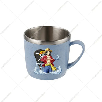 Light blue speckled ceramic one piece luffy mug with stainless steel rim and handle double layer stainless steel cup