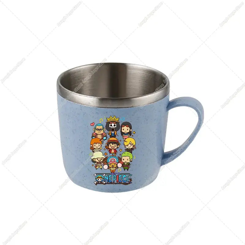Light blue speckled stainless steel one piece luffy water cup with double-layer design and colorful cartoon illustration