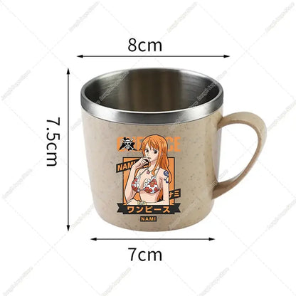 Beige speckled stainless steel double-layer mug featuring colorful nami illustration from one piece luffy collection