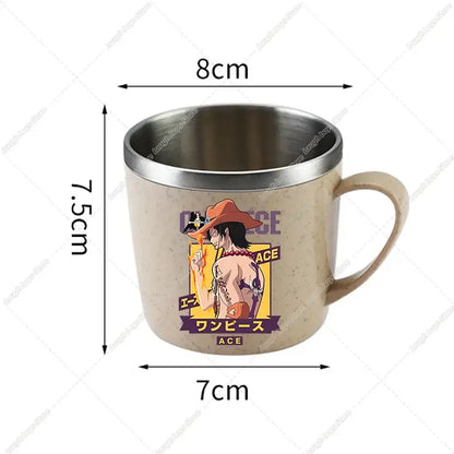 A beige speckled stainless steel one piece luffy water cup featuring a vibrant ace graphic double-layer design