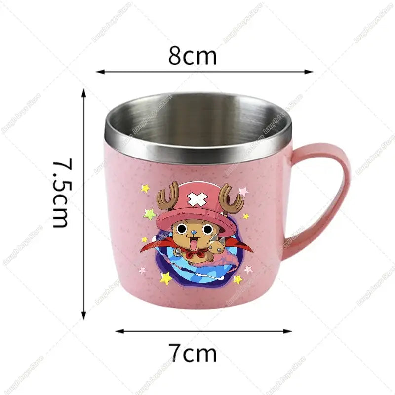 Pink ceramic mug with stainless steel rim and handle featuring colorful piece luffy cartoon design double-layer cup
