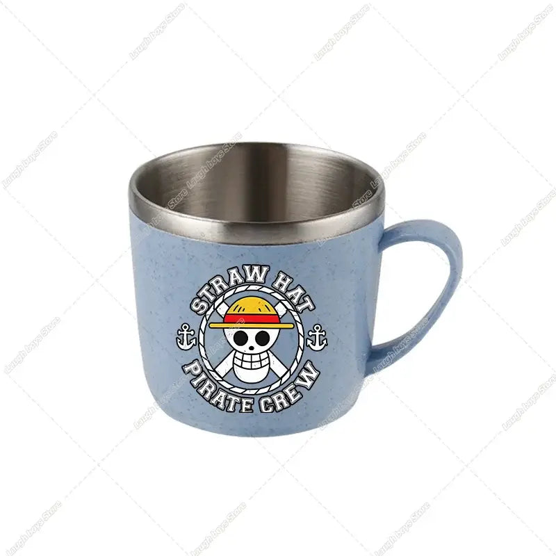 Light blue speckled ceramic one piece luffy water cup with stainless steel rim handle and straw hat pirate logo