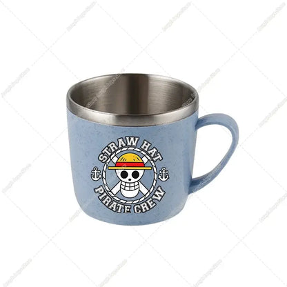 Light blue speckled ceramic one piece luffy water cup with stainless steel rim handle and straw hat pirate logo