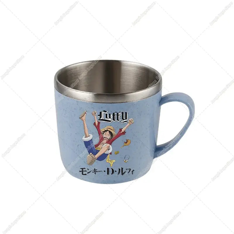 Light blue speckled ceramic one piece luffy water cup with stainless steel rim and handle double-layer stainless steel