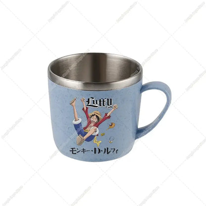 Light blue speckled ceramic one piece luffy water cup with stainless steel rim and handle double-layer stainless steel