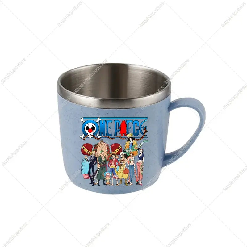 Light blue speckled stainless steel mug featuring one piece luffy colorful crew illustration and iconic logo