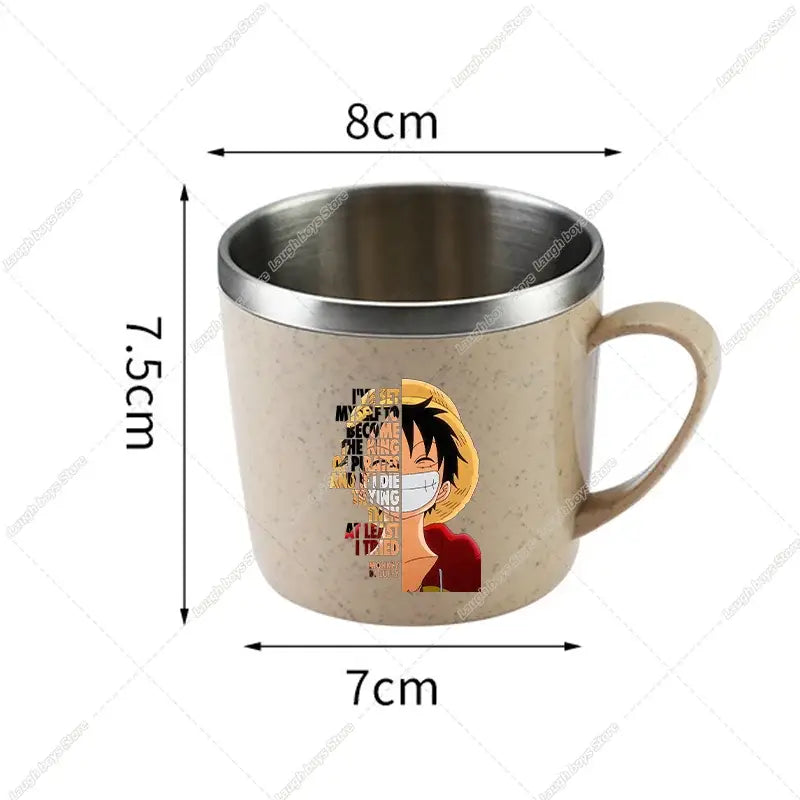 Beige speckled stainless steel double-layer mug with silver rim featuring piece luffy illustration from one piece