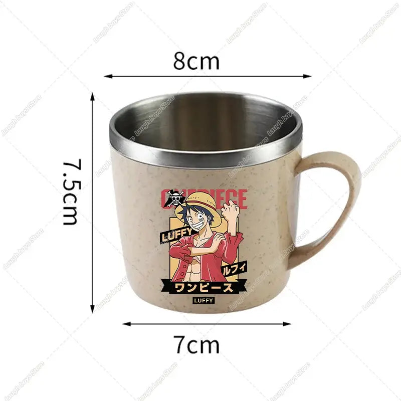 Beige speckled stainless steel double-layer water cup featuring vibrant piece luffy illustration and red japanese text
