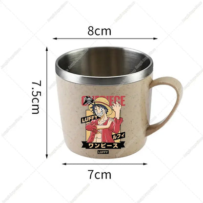 Beige speckled stainless steel double-layer water cup featuring vibrant piece luffy illustration and red japanese text