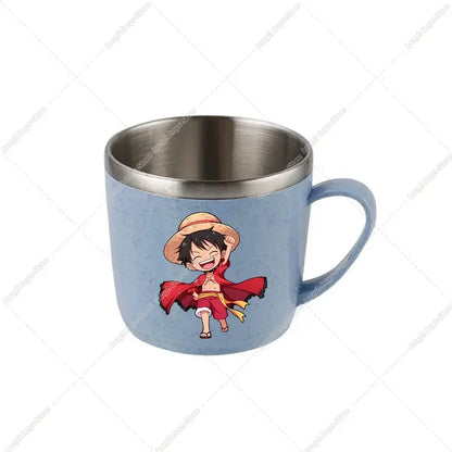 Light blue speckled ceramic mug with stainless steel rim and handle featuring colorful piece luffy cartoon illustration