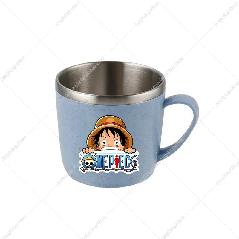 Light blue speckled ceramic mug with stainless steel rim handle featuring colorful piece luffy sticker for drinking