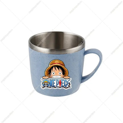Light blue speckled ceramic mug with stainless steel rim handle featuring colorful piece luffy sticker for drinking