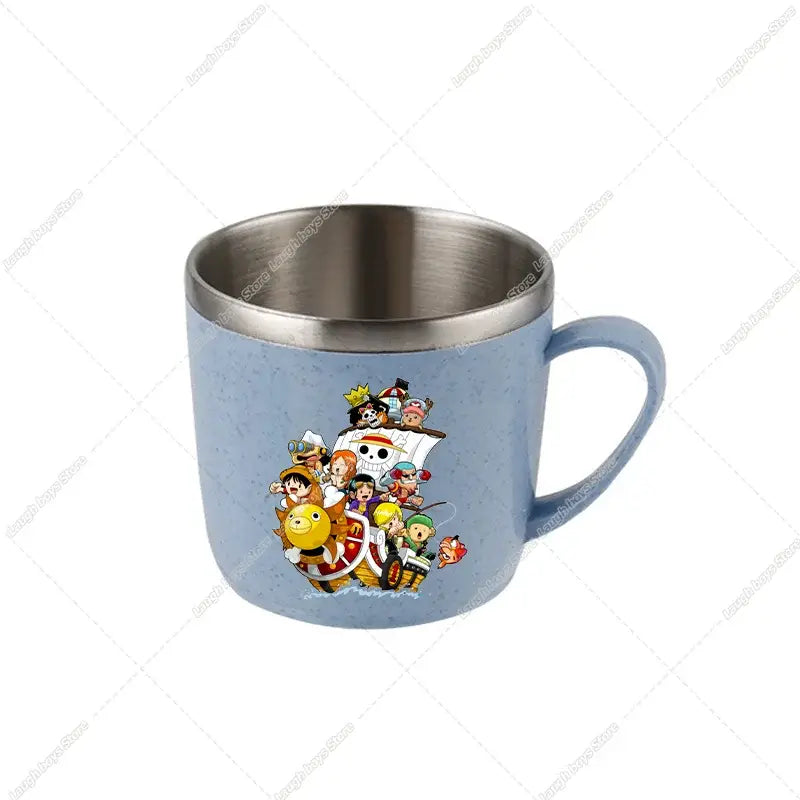 Light blue speckled ceramic mug with stainless steel rim and piece luffy cartoon on double-layer stainless steel cup