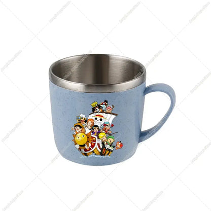 Light blue speckled ceramic mug with stainless steel rim and piece luffy cartoon on double-layer stainless steel cup