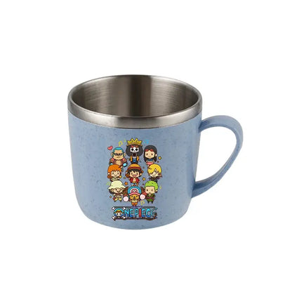 Light blue speckled ceramic mug with stainless steel rim and piece luffy cartoon for one piece luffy water cup