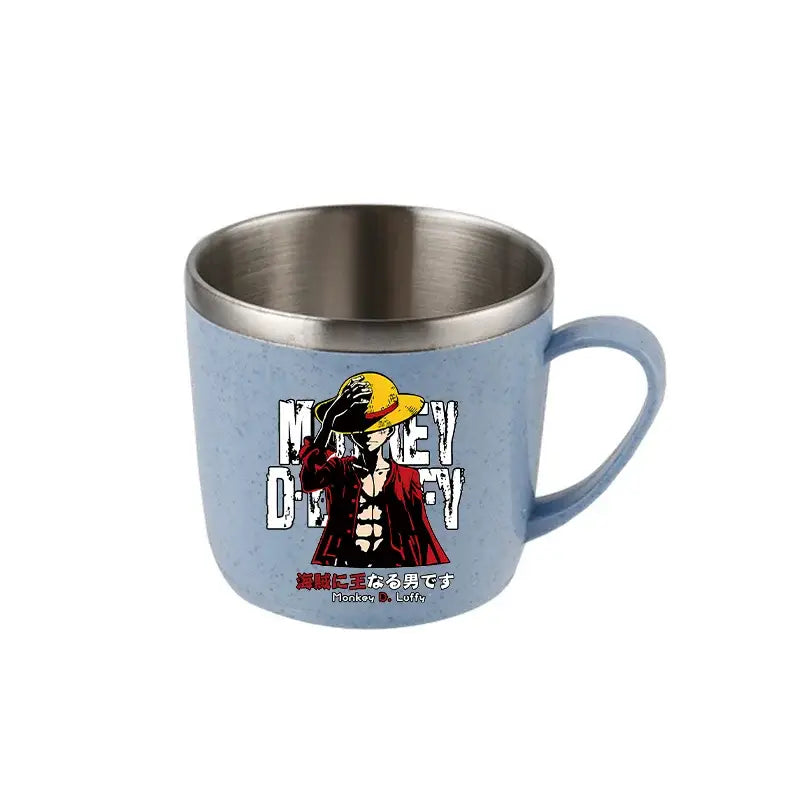 Light blue speckled ceramic one piece luffy mug with stainless steel rim and handle featuring monkey d illustration