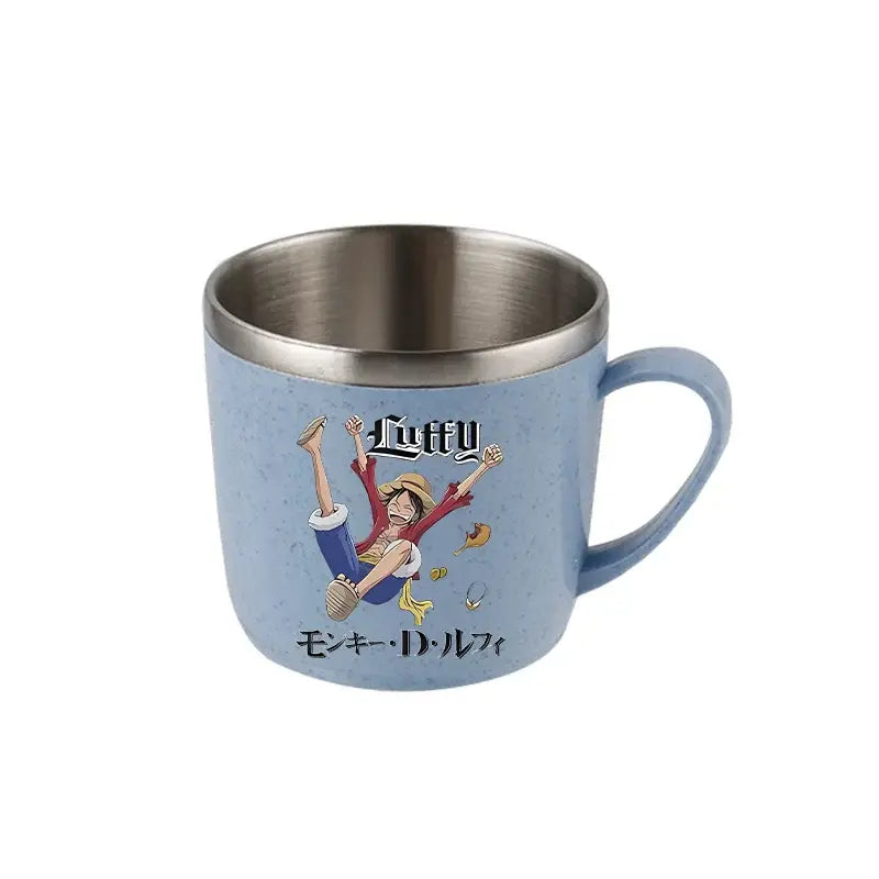 Light blue speckled ceramic one piece luffy water cup with stainless steel rim and handle featuring luffy illustration