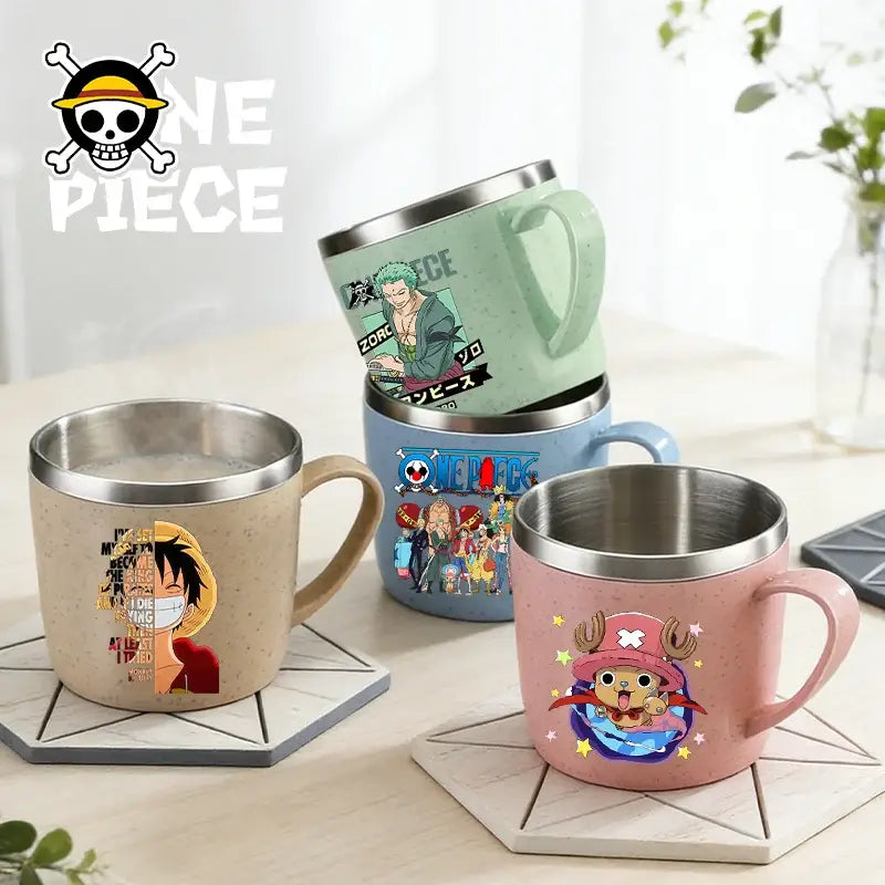 Pastel-colored stainless steel mugs featuring one piece luffy character designs in double-layer water cups