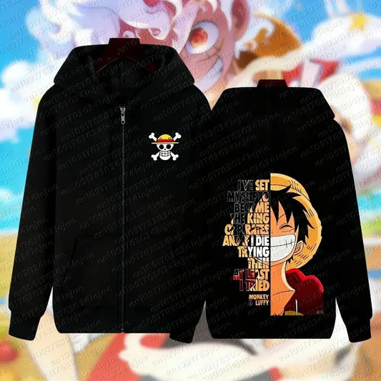 Black zip hoodie featuring a skull and crossbones emblem and monkey d luffy illustration for graphic streetwear
