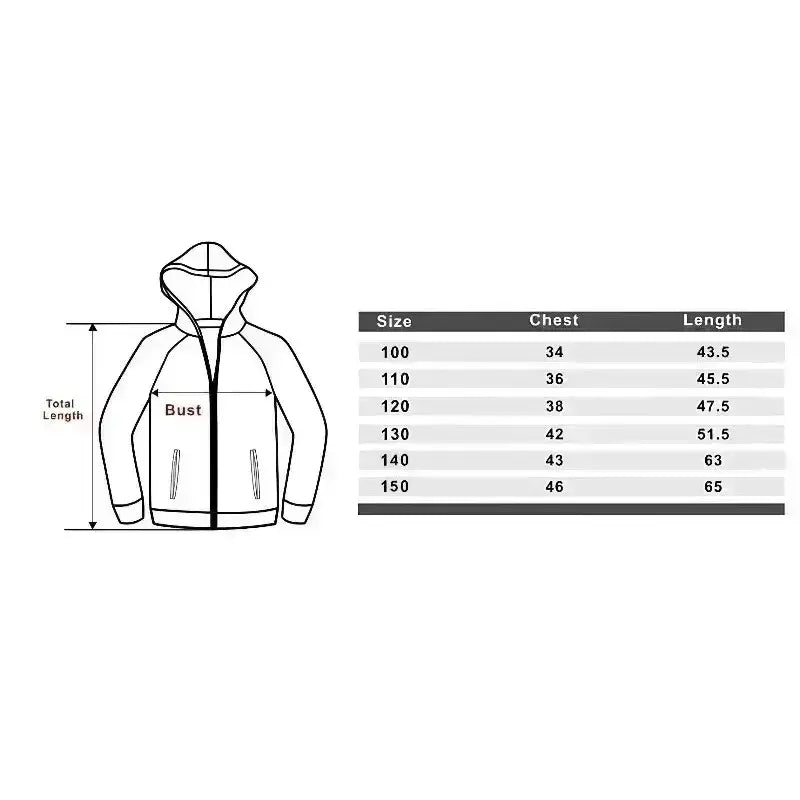 Black and white line drawing of a one piece luffy zip hoodie with size measurements table for graphic streetwear zip hoodie