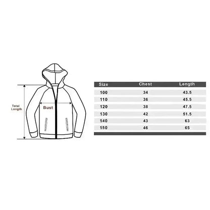 Black and white line drawing of a one piece luffy zip hoodie with size measurements table for graphic streetwear zip hoodie