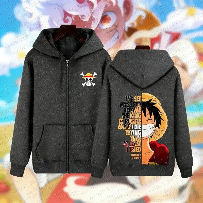 Dark gray zip hoodie featuring a skull and crossbones emblem and monkey d luffy illustration for streetwear use