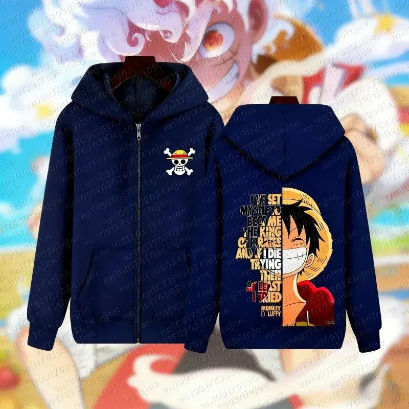 Navy blue one piece luffy zip hoodie with straw hat pirates logo on chest and luffy quote printed vertically on back