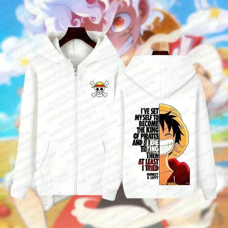 White zip hoodie featuring skull and crossbones emblem and monkey d luffy illustration for graphic streetwear