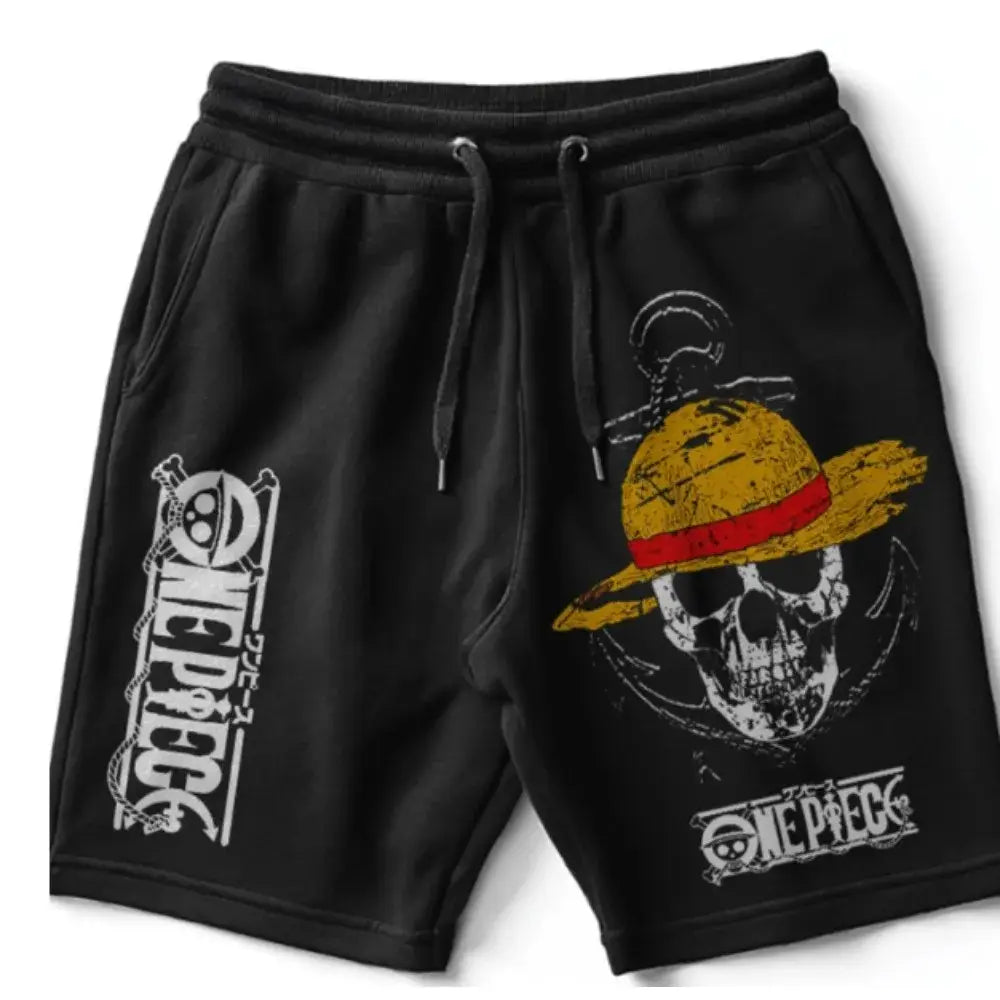 Black one piece cotton shorts with loose fit featuring yellow straw hat skull graphic and white one piece branding