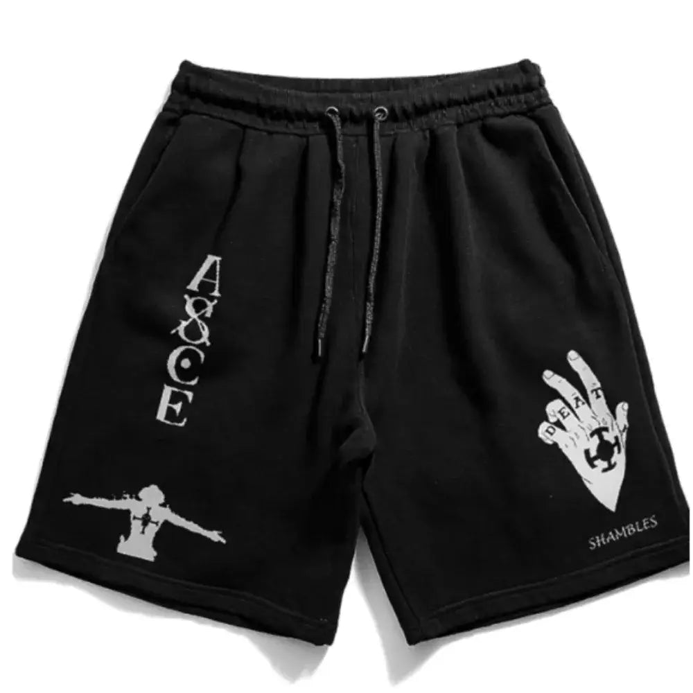 Black cotton shorts with white graphic prints and drawstring waistband loose fit for summer wear