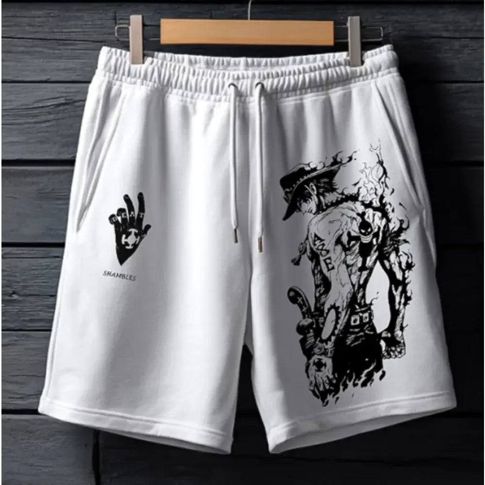 White cotton shorts with loose fit featuring black ink-style one piece luffy zoro anime graphics on the legs